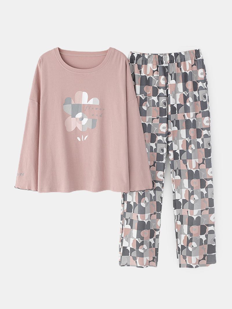 Plus Size Kvinnor Blommor & Letter Med Tryck V-hals Långärmad Home Casual Pyjamas Set