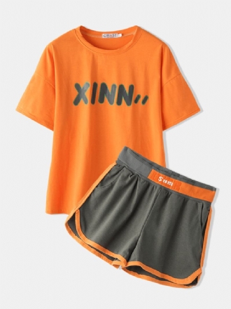 Plus Size Kvinnor Bokstavstryck Bomull Casual Pyjamas Set Med Sport Shorts