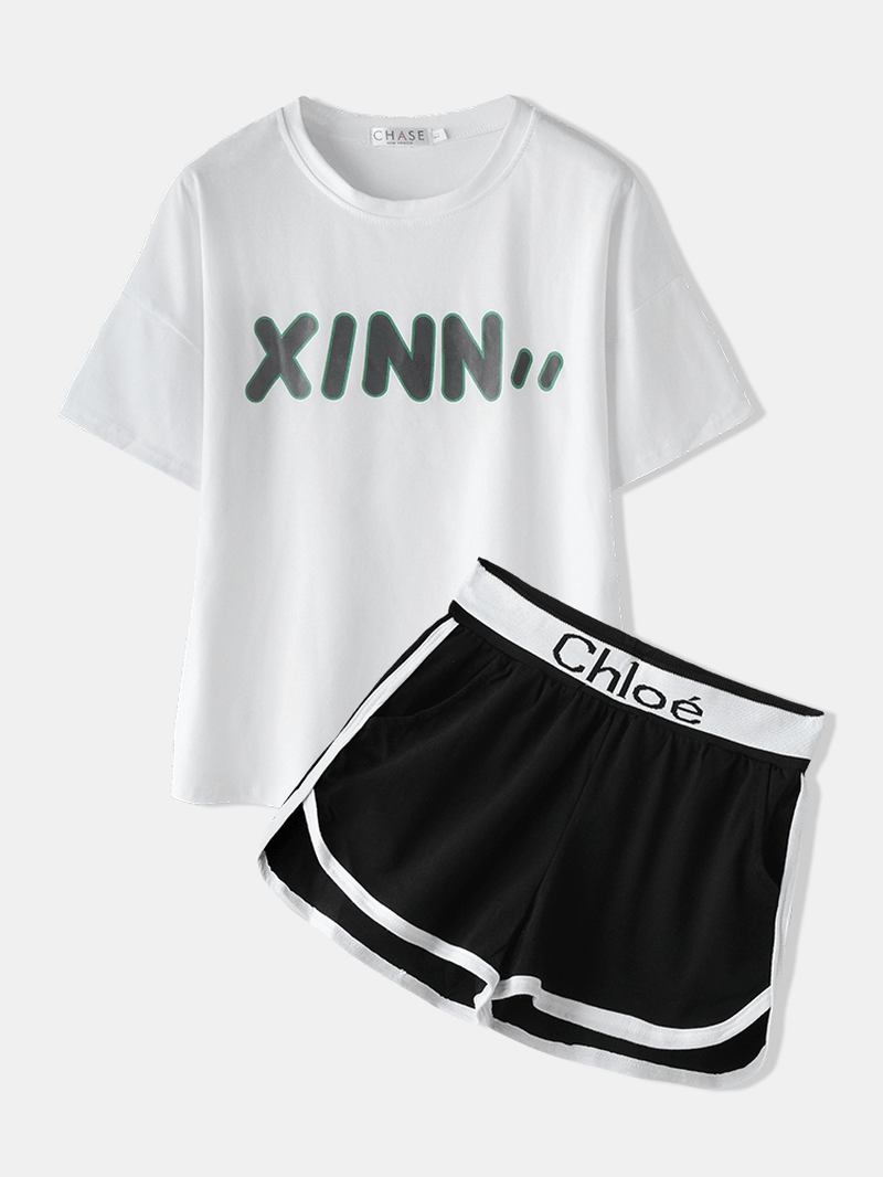 Plus Size Kvinnor Bokstavstryck Bomull Casual Pyjamas Set Med Sport Shorts