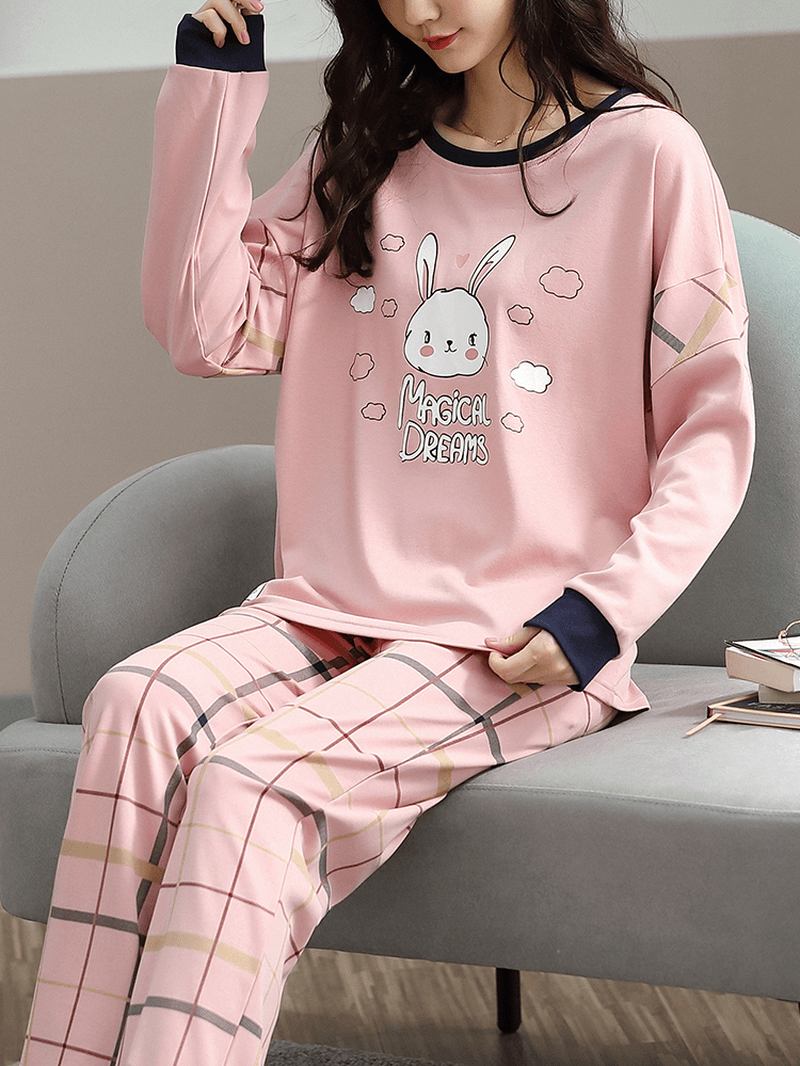 Plus Size Kvinnor Cartoon Animal Med Tryck Plädbyxor Hem Casual Pyjamas Set