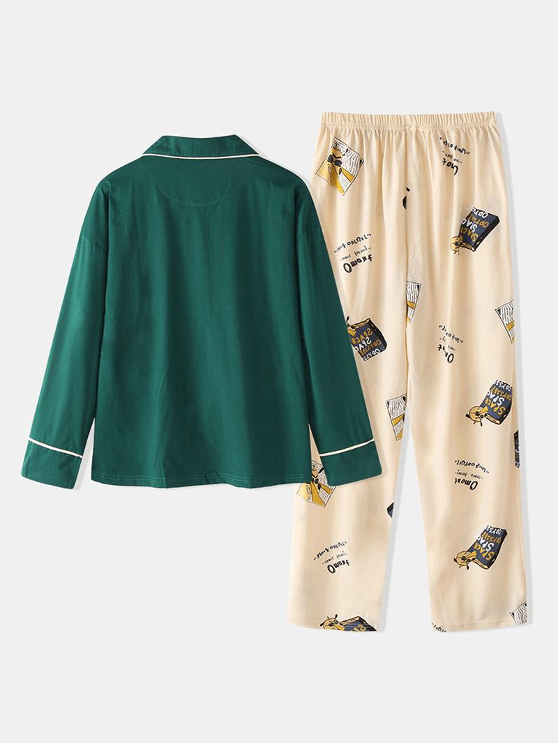 Plus Size Kvinnor Cartoon Med Tryck Revere Krage Långärmad Elastisk Midja Hem Pyjamas Set