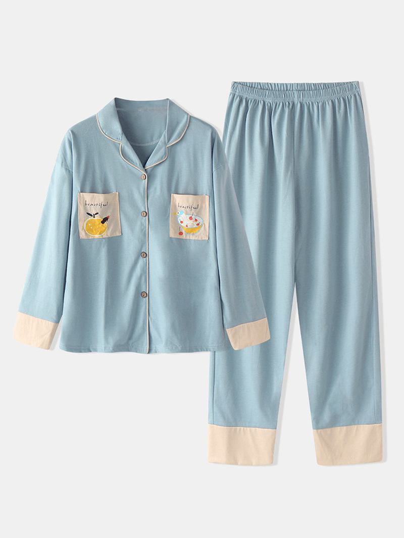 Plus Size Kvinnor Cartoon Med Tryck Revere Krage Långärmad Elastisk Midja Hem Pyjamas Set