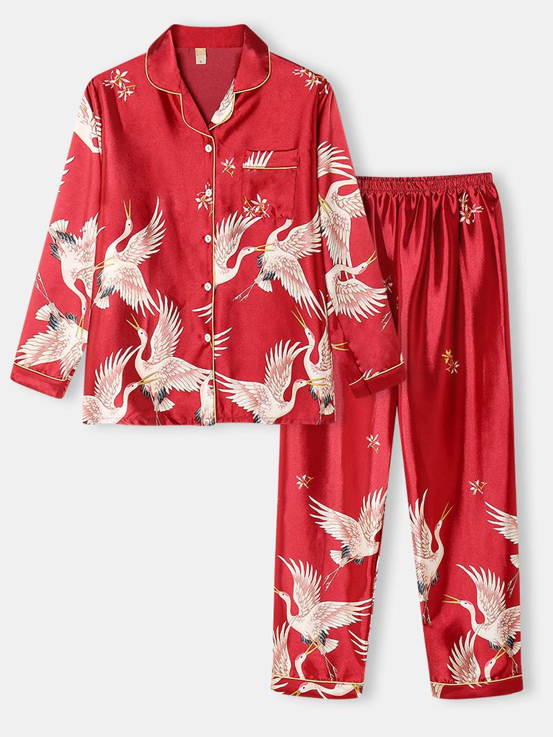 Plus Size Kvinnor Crane Pattern Revere Krage Ice Silk Hem Casual Pyjamas Set