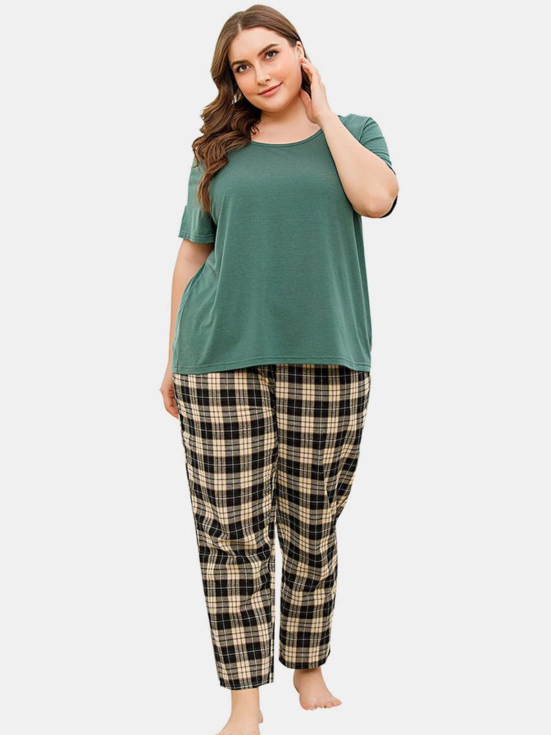 Plus Size Kvinnor Enfärgad Kortärmad Top Plädtryck Tvådelad Hem Pyjamas Set