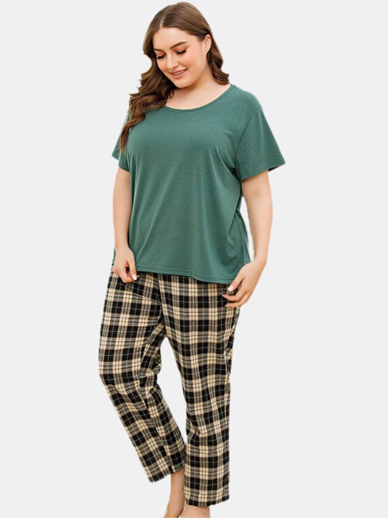 Plus Size Kvinnor Enfärgad Kortärmad Top Plädtryck Tvådelad Hem Pyjamas Set