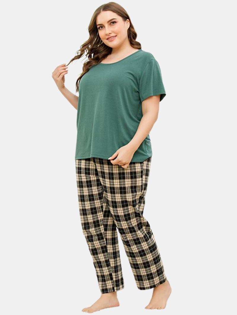 Plus Size Kvinnor Enfärgad Kortärmad Top Plädtryck Tvådelad Hem Pyjamas Set