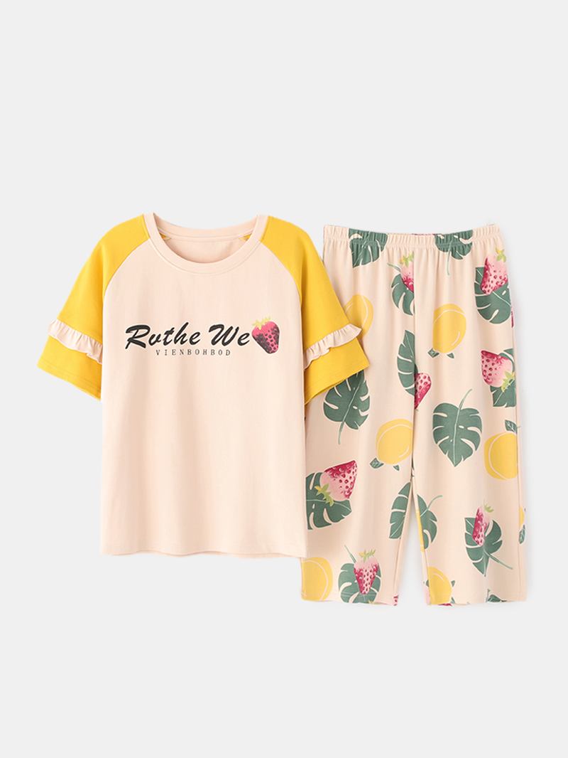 Plus Size Kvinnor Frukt Tecknat Med Tryck Volanger Trims Kortärmad Pyjamas Set