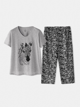 Plus Size Kvinnor Hem Bomulls Zebra Med Tryck V-neck Kortärmad Pyjamas Set