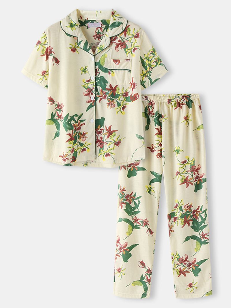 Plus Size Kvinnor Plant Med Tryck Kortärmad Top Elastiska Midja Byxor Hem Casual Pyjamas Set