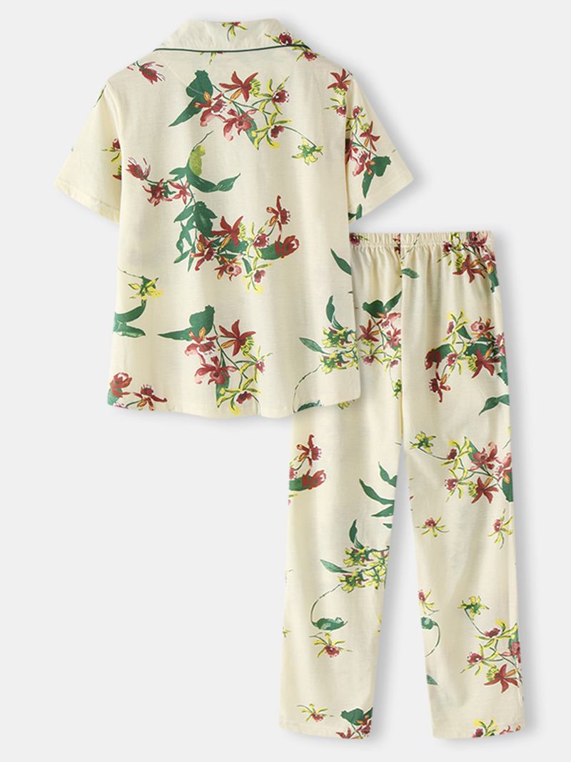 Plus Size Kvinnor Plant Med Tryck Kortärmad Top Elastiska Midja Byxor Hem Casual Pyjamas Set