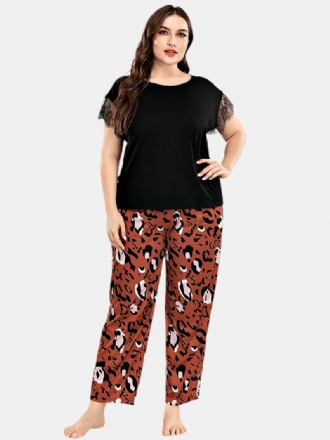 Plus Size Kvinnor Spets Svart Kortärmad Top Leopard Byxor Hem Casual Pyjamas Set