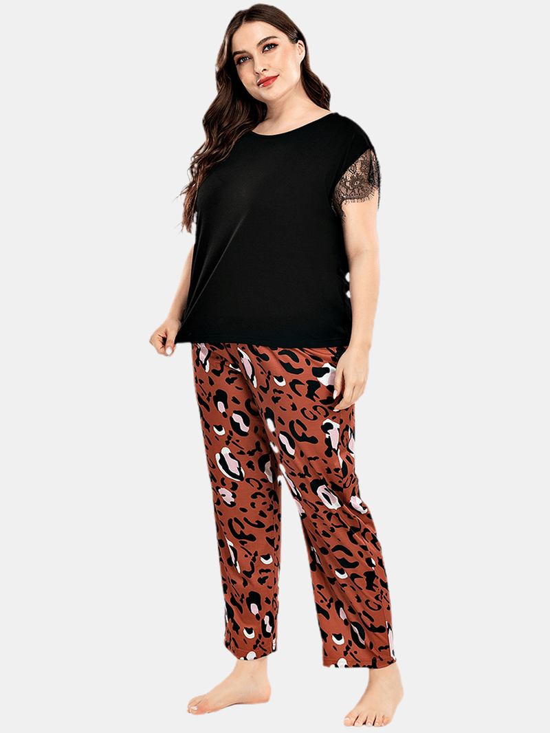 Plus Size Kvinnor Spets Svart Kortärmad Top Leopard Byxor Hem Casual Pyjamas Set