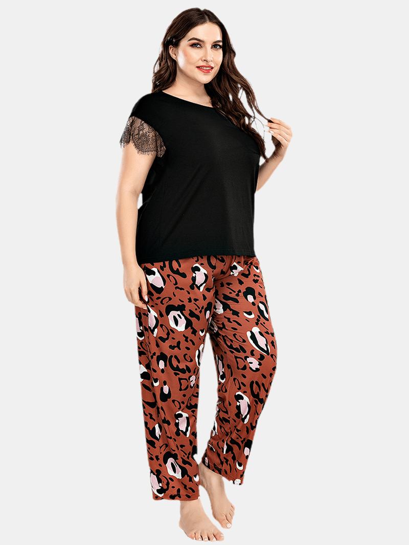 Plus Size Kvinnor Spets Svart Kortärmad Top Leopard Byxor Hem Casual Pyjamas Set