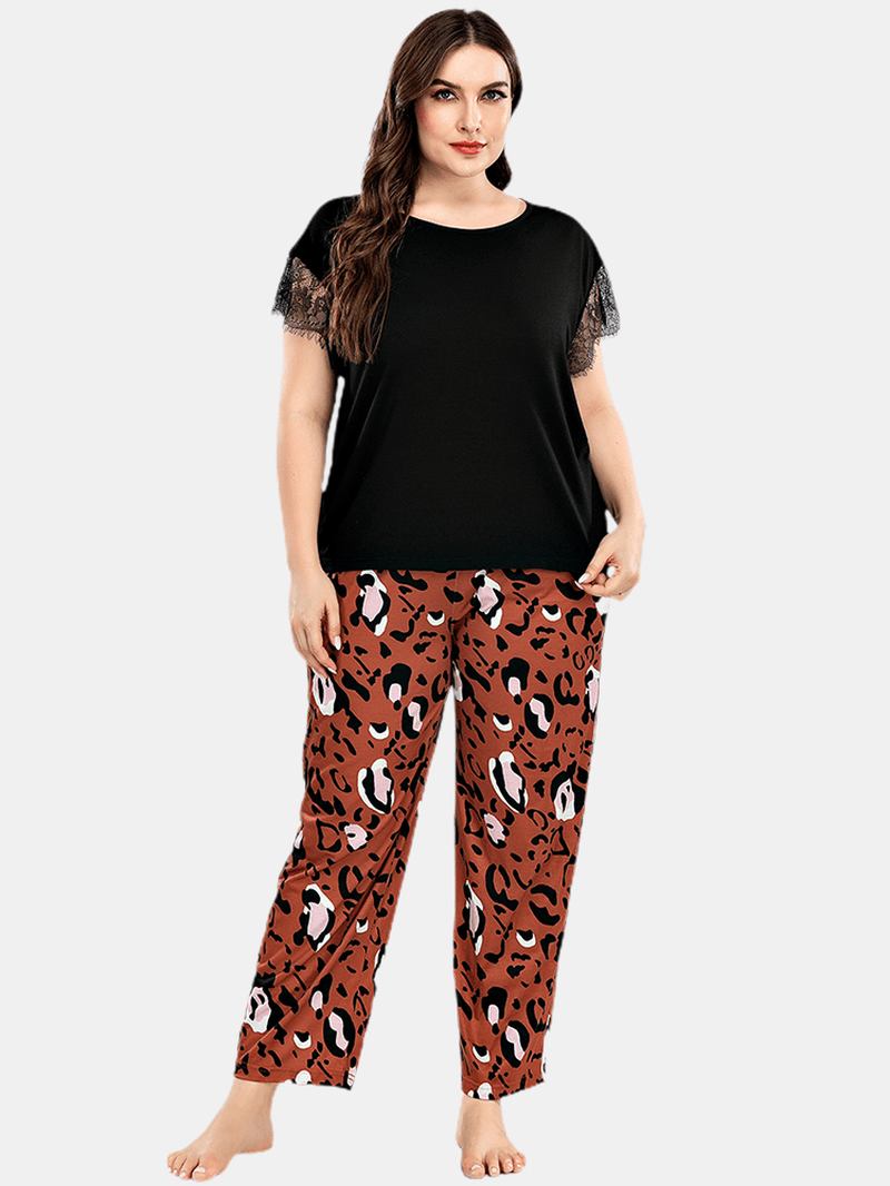 Plus Size Kvinnor Spets Svart Kortärmad Top Leopard Byxor Hem Casual Pyjamas Set