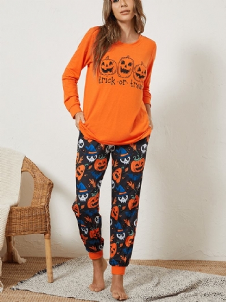 Plus Size Kvinnor Tecknad Pumpa & Spöke Elastisk Midja Joggingbyxor Mysig Pyjamas Set