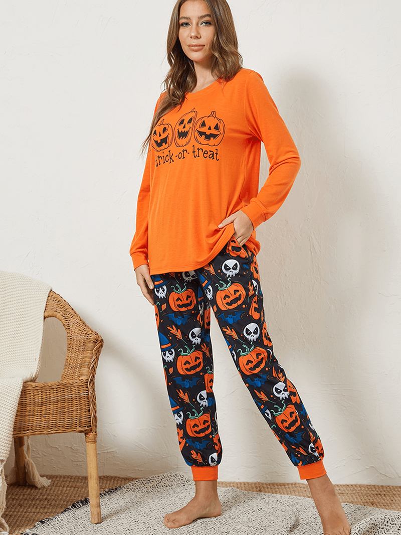 Plus Size Kvinnor Tecknad Pumpa & Spöke Elastisk Midja Joggingbyxor Mysig Pyjamas Set