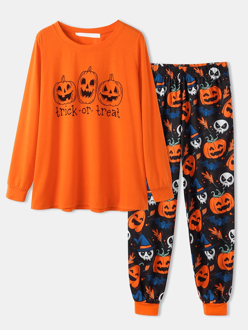 Plus Size Kvinnor Tecknad Pumpa & Spöke Elastisk Midja Joggingbyxor Mysig Pyjamas Set