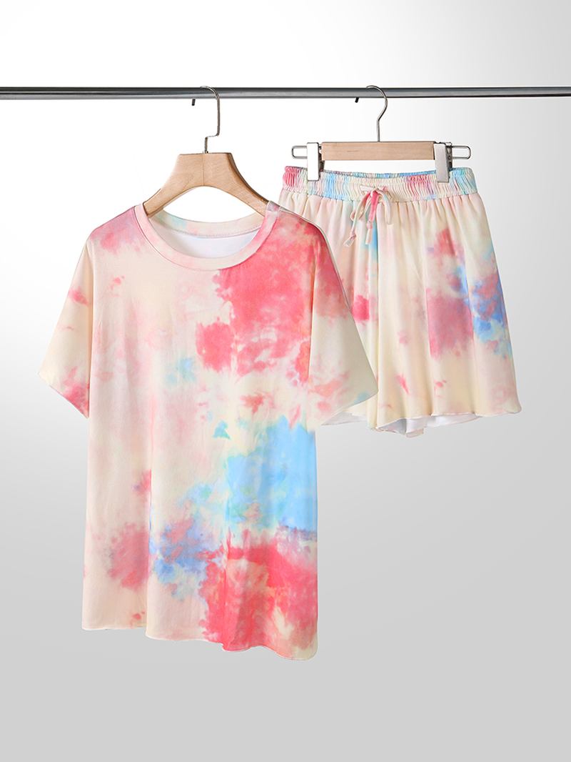 Plus Size Kvinnor Tie-dye Kortärmad Dragsko Casual Pyjamas Set