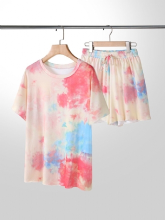 Plus Size Kvinnor Tie-dye Kortärmad Dragsko Casual Pyjamas Set