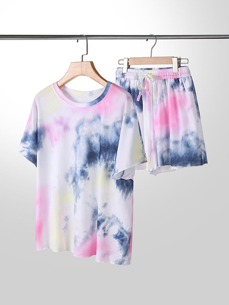 Plus Size Kvinnor Tie-dye Kortärmad Dragsko Casual Pyjamas Set