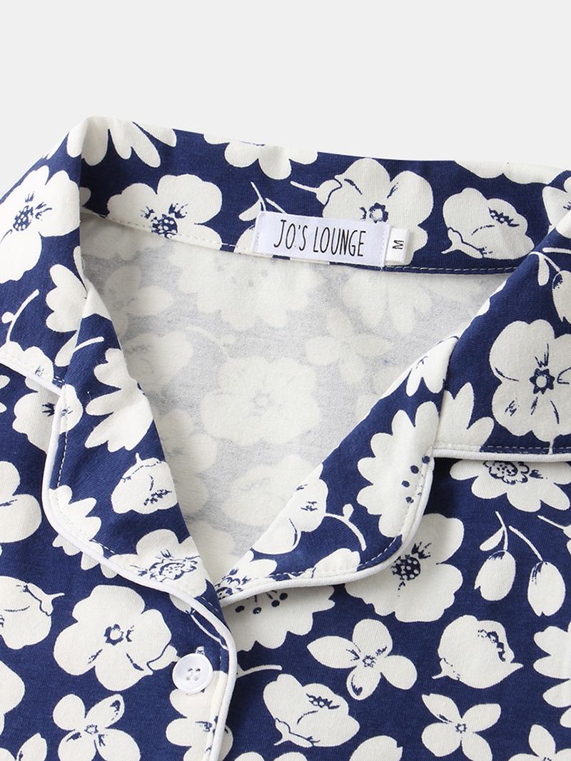 Plus Storlek Kvinnor Blommönster Revere Krage Bröstficka Kortärmad Hem Pyjamas Set