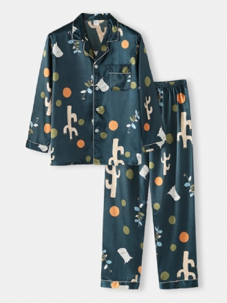 Polka Dot Plant Med Tryck Loose Fit Långärmad Revere Collar Home Lounge Pyjamas Med Ficka