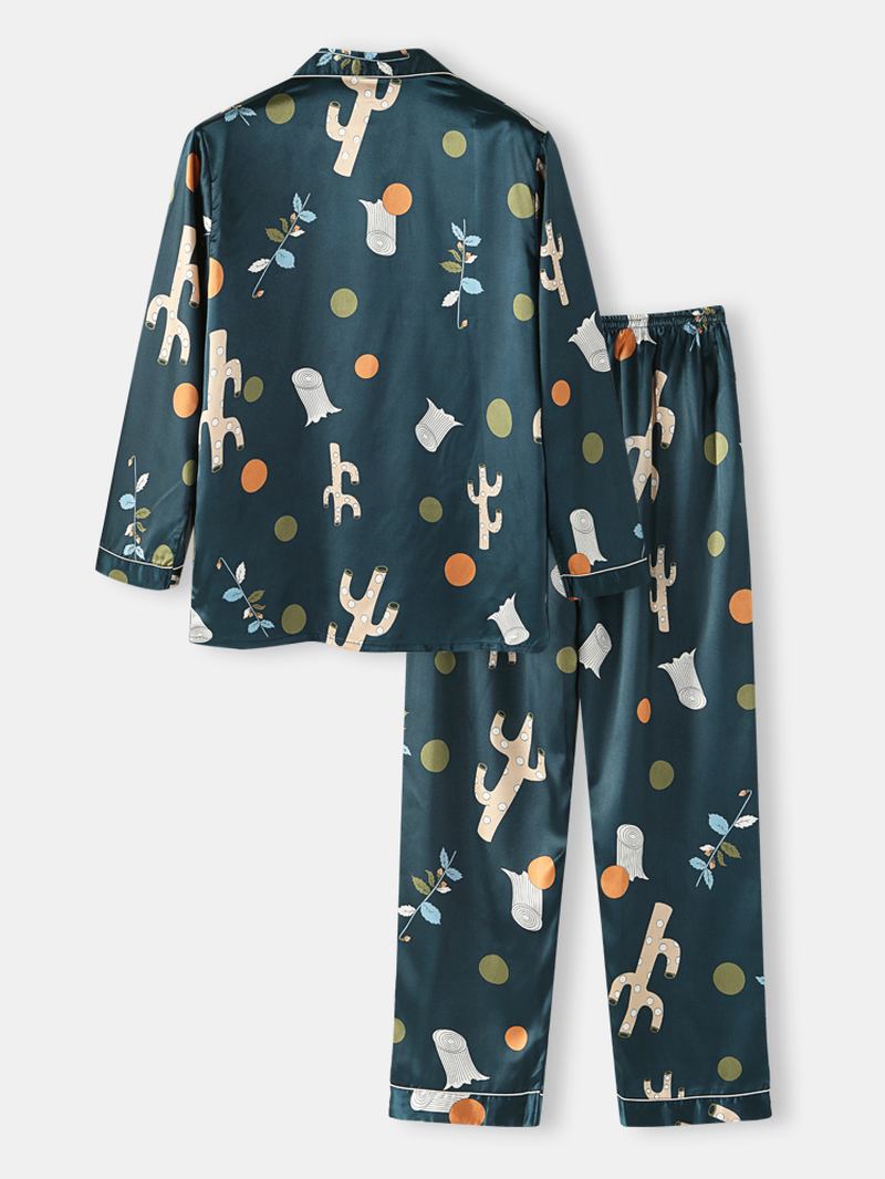 Polka Dot Plant Med Tryck Loose Fit Långärmad Revere Collar Home Lounge Pyjamas Med Ficka