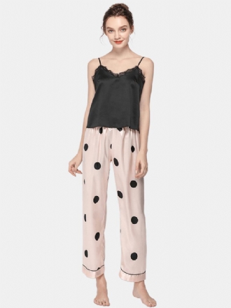 Polka Dot Spaghetti Straps Spets-trim Backless Lungewear Casual Pyjamas Set