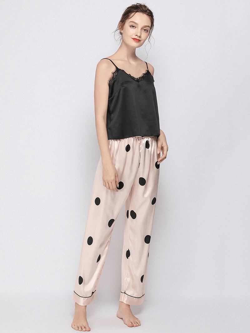 Polka Dot Spaghetti Straps Spets-trim Backless Lungewear Casual Pyjamas Set