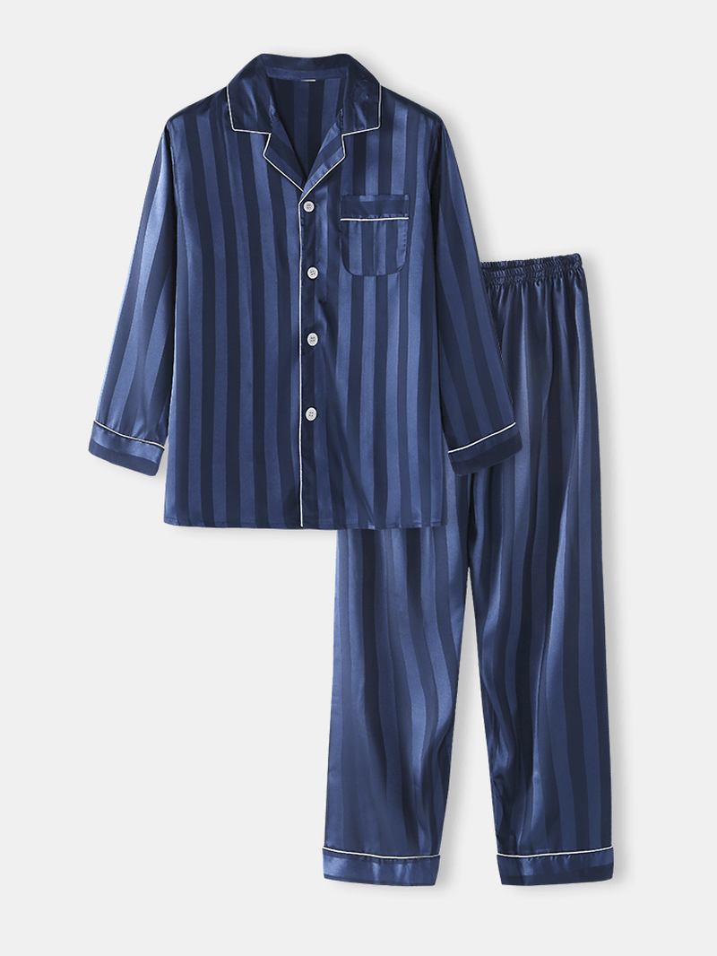 Randig Jacquard För Män I Konstsilke Home Revere Collar Loose Lounge Pyjamas Set