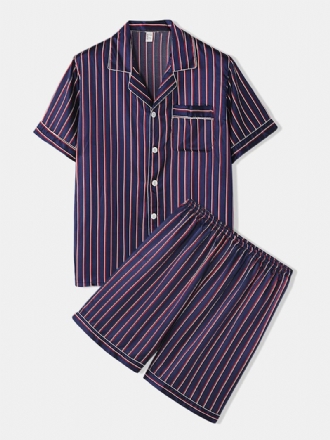 Randig Smooth Revere Krage Pocket Button Up Hem Faux Silk Pyjamas Set