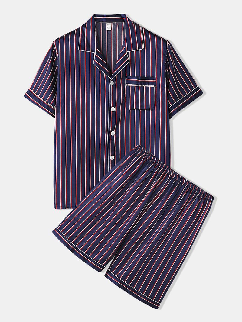 Randig Smooth Revere Krage Pocket Button Up Hem Faux Silk Pyjamas Set