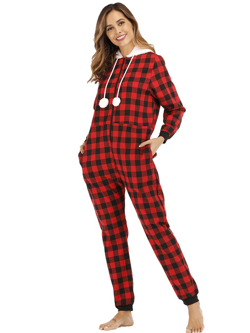 Randigt Galler Huva Lång Ärm Med Ficka Onesie Pyjamas Set