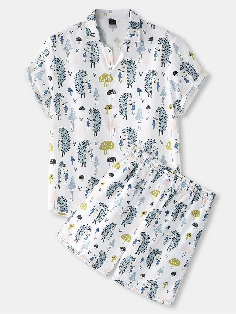 Svamptryck För Män Med Tunna Lapel Kortärmade Lösa Holiday Beach Loungewear Pyjamasset