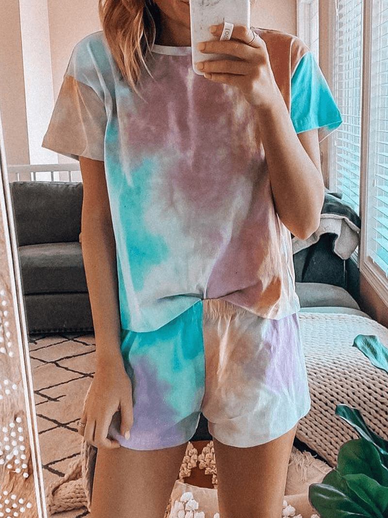 Tie Dye Med Tryck Loungewear Set Dradient Kortärmad Tvådelad Pyjamas