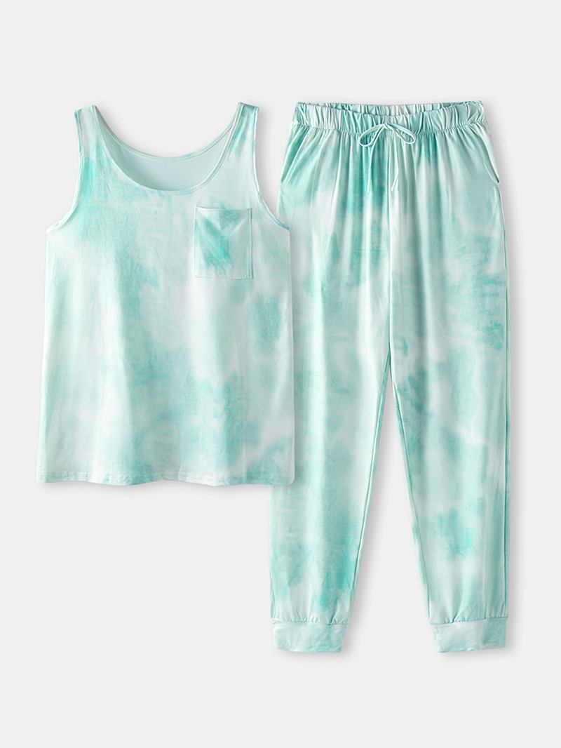 Tie Dye Med Tryck Sports Loungewear Set Tank Top Beam Feet Ärmlösa Tvådelade Set