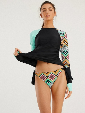 Kvinnor Vintage Geometric Med Tryck Solskyddsmedel Långa Ärmar Surfing String Trosa Sport Bikini