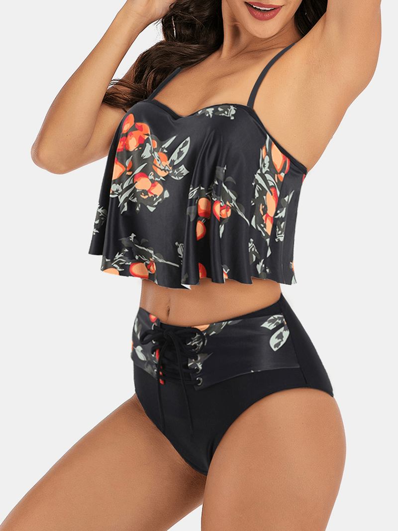 Plus Size Dam Blommor Med Tryck Spaghetti Remmar Hög Midja Bandage Tankini