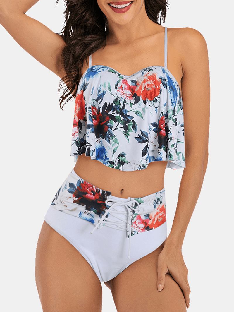 Plus Size Dam Blommor Med Tryck Spaghetti Remmar Hög Midja Bandage Tankini