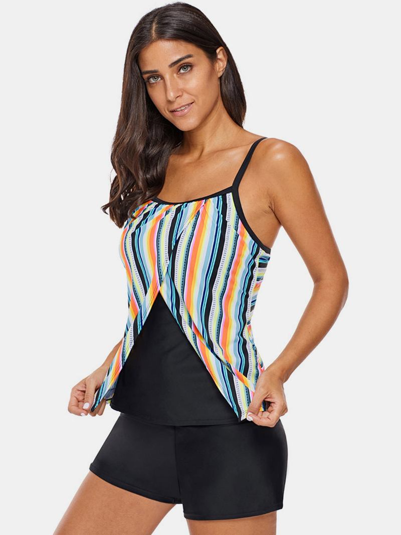 Plus Size Dam Färgglada Randiga Spaghetti Straps Ärmlösa Badkläder