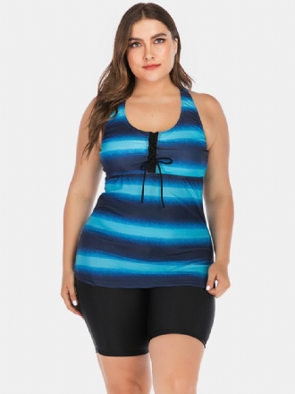 Plus Size Damer Front Bandage Stripe Top Tvådelad Badkläder Cover Belly Tankinis