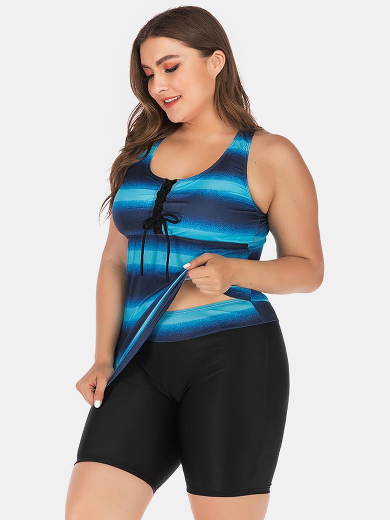 Plus Size Damer Front Bandage Stripe Top Tvådelad Badkläder Cover Belly Tankinis