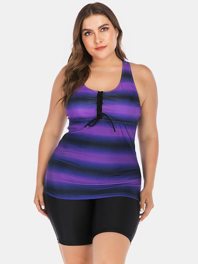 Plus Size Damer Front Bandage Stripe Top Tvådelad Badkläder Cover Belly Tankinis