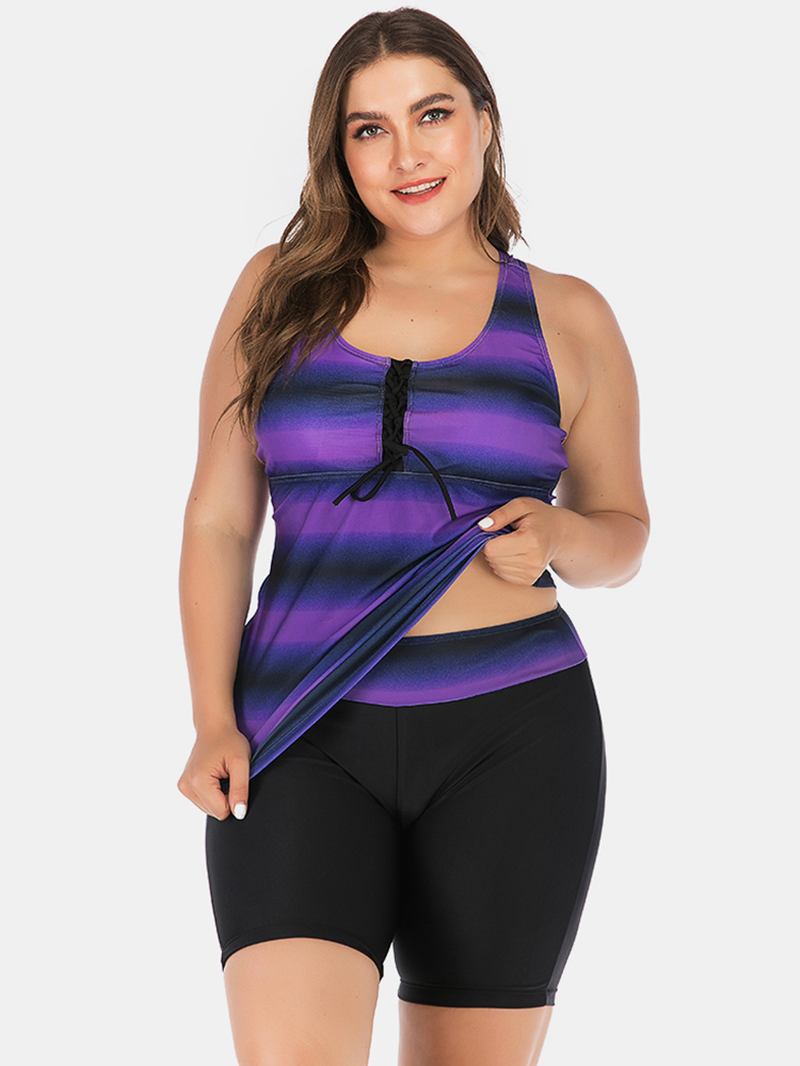 Plus Size Damer Front Bandage Stripe Top Tvådelad Badkläder Cover Belly Tankinis