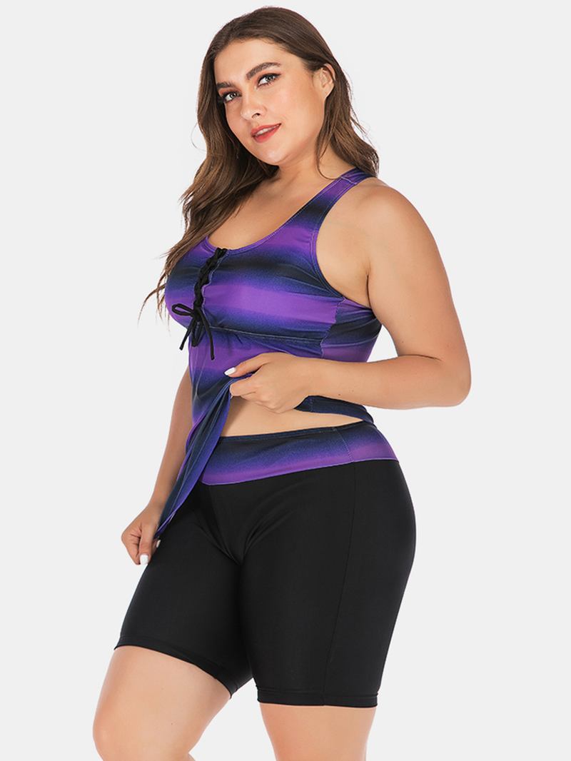 Plus Size Damer Front Bandage Stripe Top Tvådelad Badkläder Cover Belly Tankinis