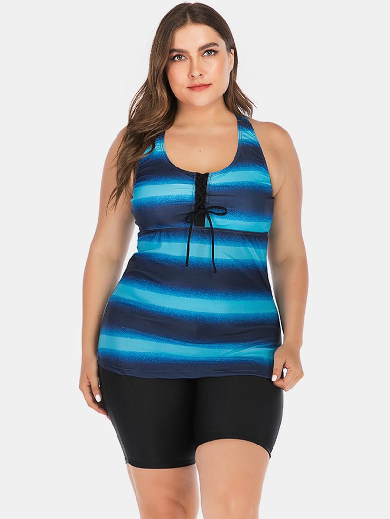 Plus Size Damer Front Bandage Stripe Top Tvådelad Badkläder Cover Belly Tankinis