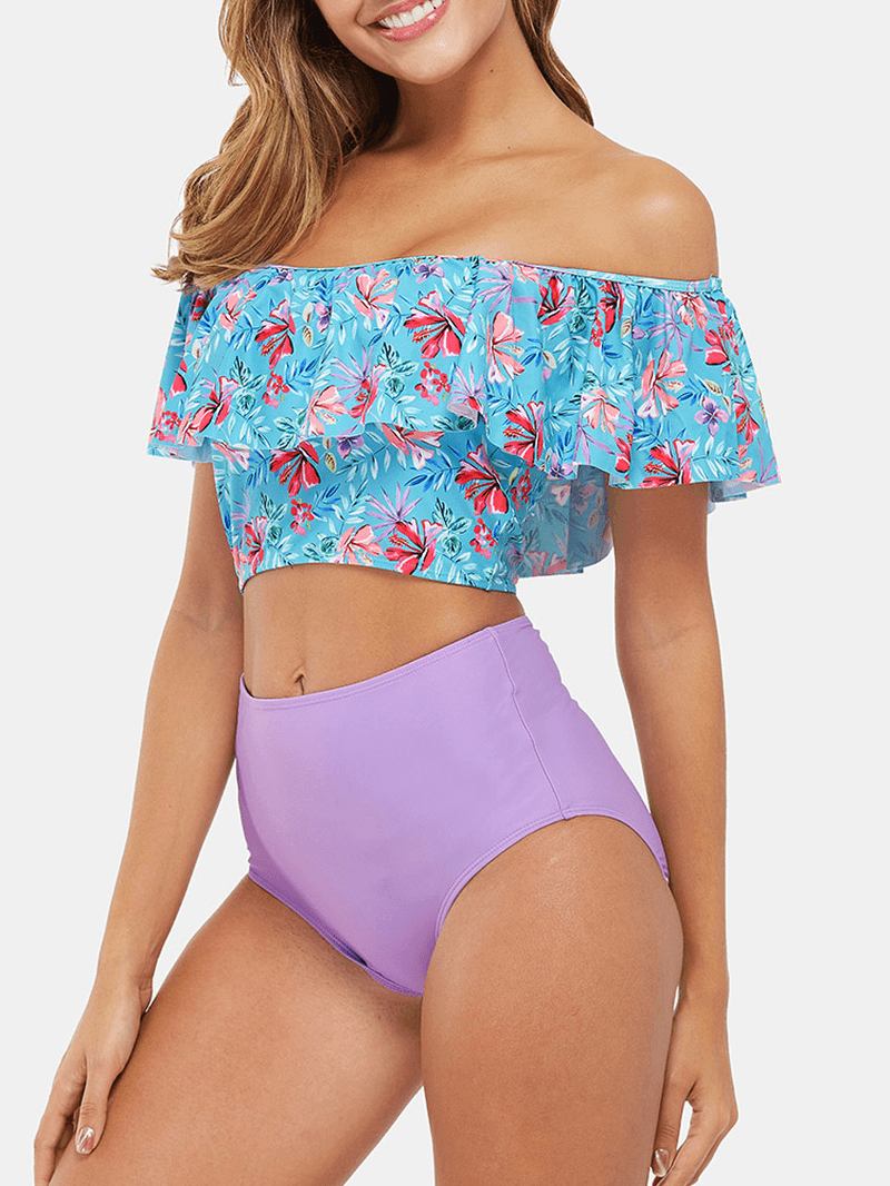 Tropical Plant Med Tryck Volanger High Waist Bikini Hawaii Casual Baddräkt För Kvinnor