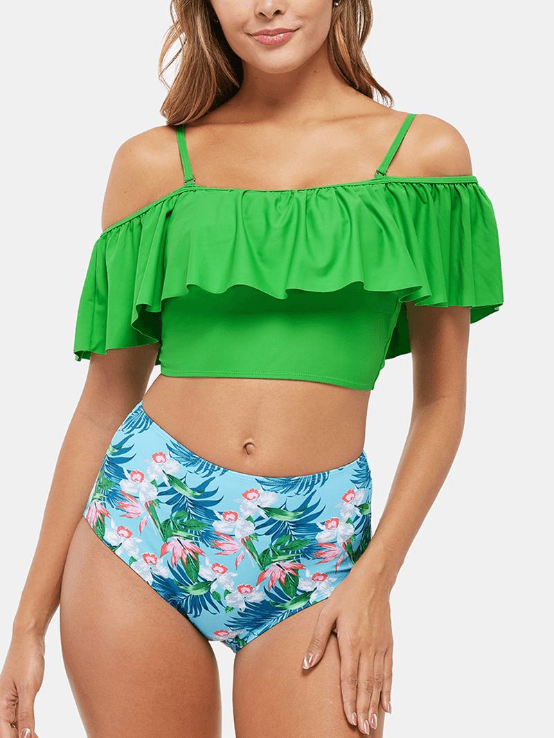 Tropical Plant Med Tryck Volanger High Waist Bikini Hawaii Casual Baddräkt För Kvinnor