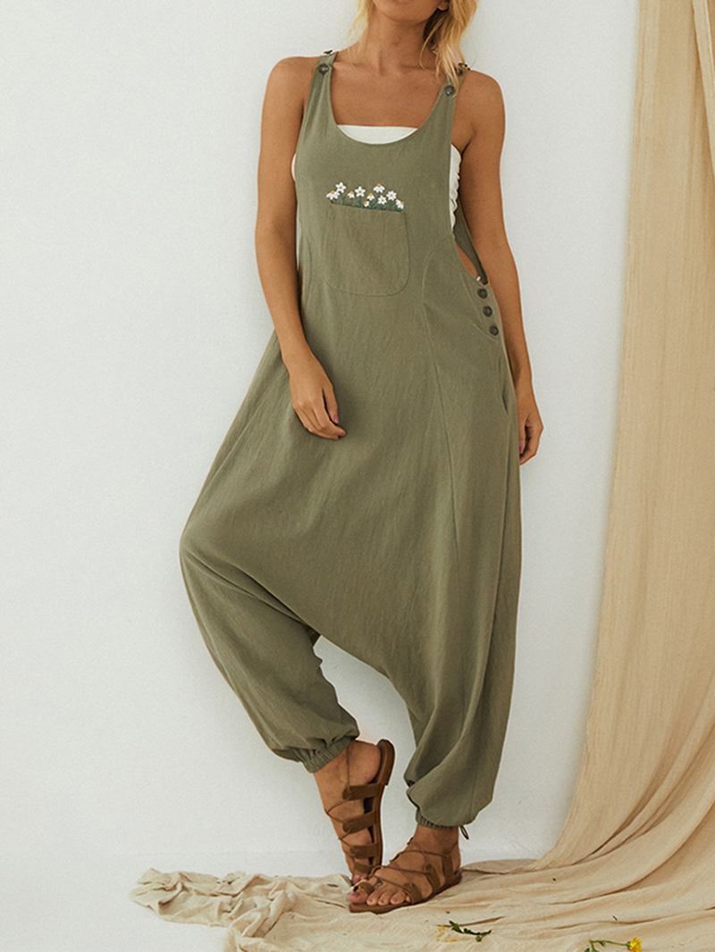 Broderade Fickor Drop-gren Sidoknapp Casual Harem Jumpsuits För Kvinnor