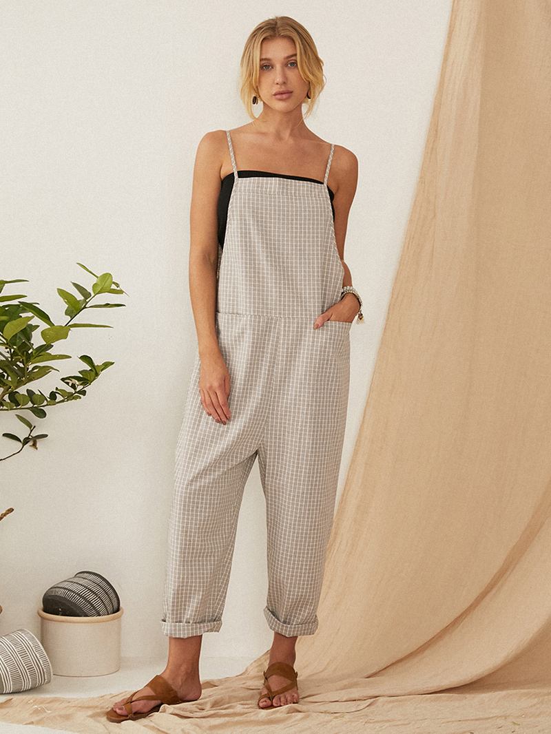 Casual Lösa Plädade Remmar Harem Jumpsuits Med Främre Ficka Overaller För Kvinnor